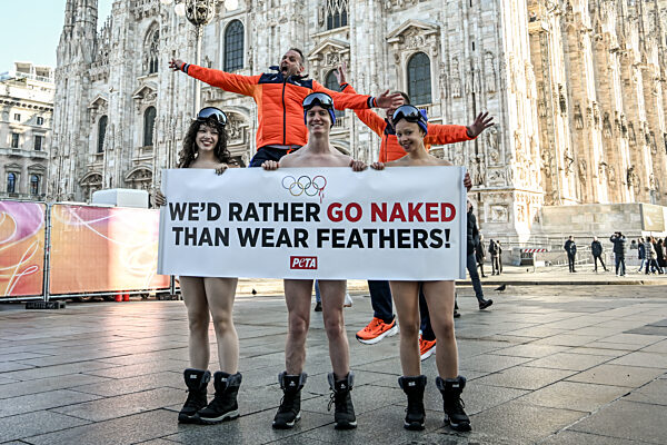 PETA protests "We'd Rather go naked than wear feathers!" before the Olympics.