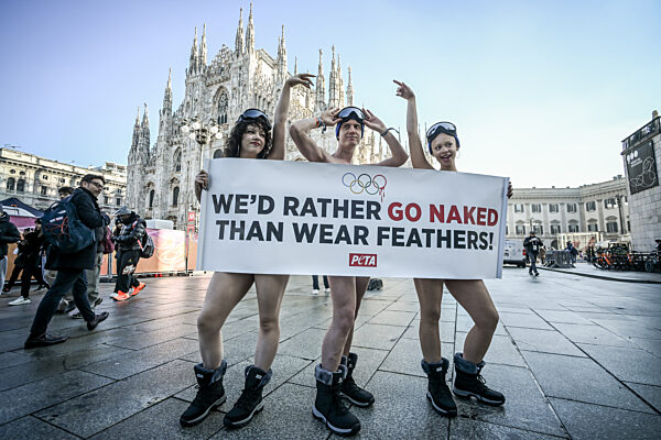 PETA protests "We'd Rather go naked than wear feathers!" before the Olympics.