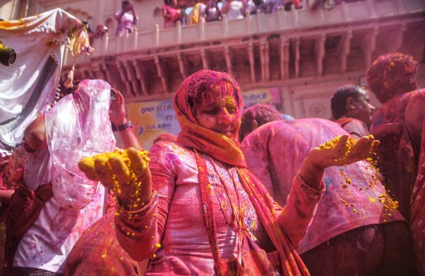 Widows covered in flower petals and colour celebrate Holi on March 02, 2026 in Vrindavan, India. In Vrindavan, the traditional Holi celebration for widows marks a significant departure from centuries-old customs that once barred them from participating in