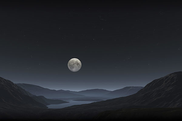 virtuelle Berglandschaft mit See bei Vollmond, Computergrafik, virtual mountain scenery with lake at full moon, computer graphic
