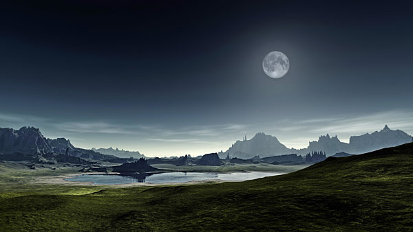 Gebirgslandschaft mit See bei Vollmond, Computergrafik, mountain scenery and lake at full moon, computer graphic