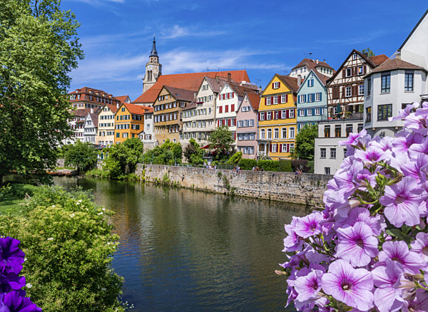 Tuebinger Altstadt mit Stiftskirche am Neckar, Houses at the Neckar river in Tuebingen with church Stiftskirche