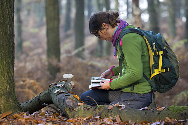 Mykologin bei der Arbeit im Herbstwald, female mycologist at work in an autumnal forest