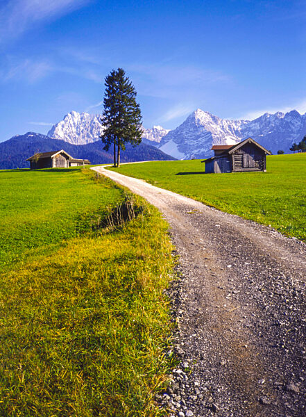 ein unbeschwerliches wandern verspricht der feldweg ueber die hochweiden zwischen heuschobern im angesicht des karwendelgebirges bei klais. quite easy terrain invites for hiking and enjoying the mountain-view; klais, bavaria.