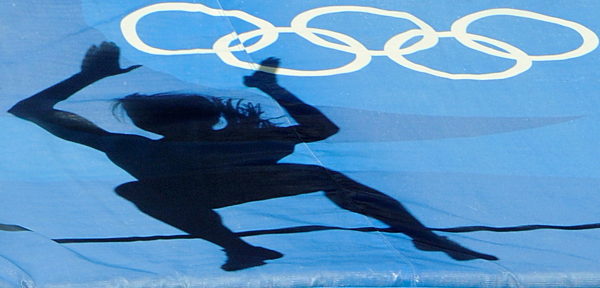 The shadow of an athlet is seen on the mat during the Women's Heptathlon...