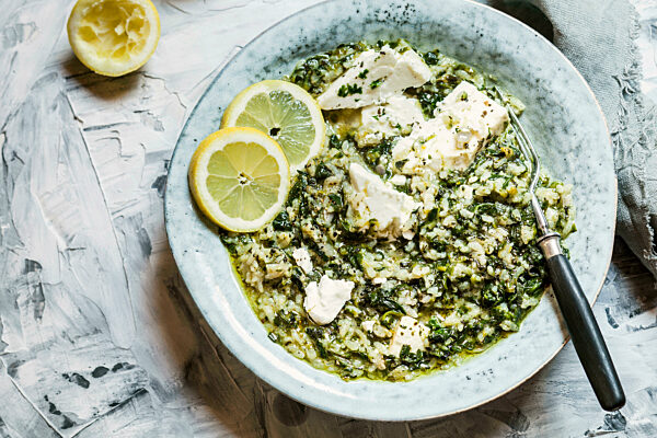 Spanakorizo (Greek rice with spinach and feta)