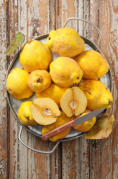 Quitten auf rustikalem Holztisch