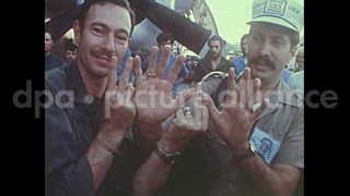 1972 – Vietnam: USO Troupe is ferried by helicopter to the Aircraft Carrier USS Hancock, during the Vietnam War.