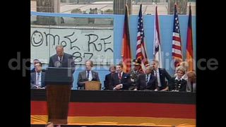 June 12, 1987 – Berlin Germany: Helmut Kohl, Chancellor of the Federal Republic of Germany, addressing people at Brandenburg Gate in Berlin, Germany.