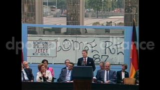 June 12, 1987 – Berlin Germany: President Ronald Reagan gives a speech about East West relations at the Brandenburg Gate in Berlin, Germany.