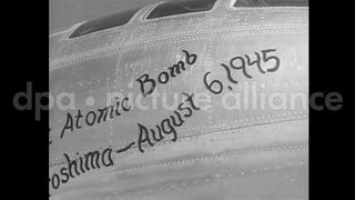 October 26, 1945 – Tinian Island Mariana Islands: Writing on nose of the B-29, Enola Gay, parked on Tinian Island, Mariana Islands.