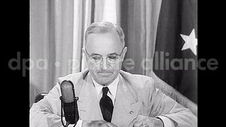 August 9, 1945 – Washington DC USA: President Harry S Truman of United States discusses world peace in his speech to the America after the Potsdam Conference