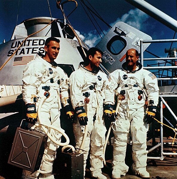 Astronauts of the Apollo 10 Cernan, Young and Stafford after the salvage