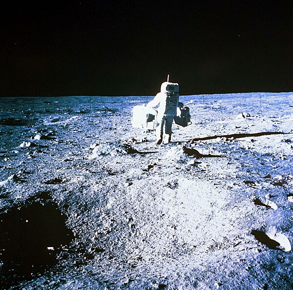 Astronaut Edwin Aldrin walking on the Moon