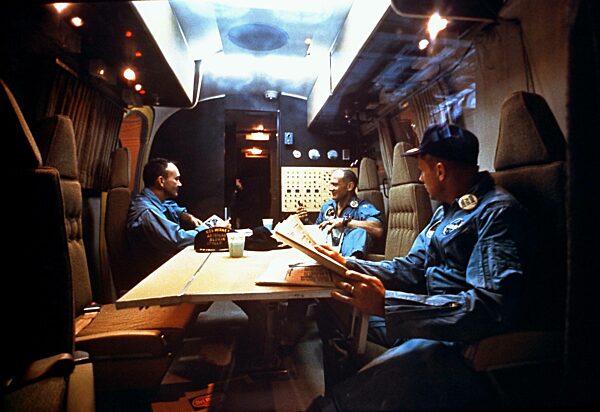 Neil Armstrong, Michael Collins and Edwin Aldrin in quarantine, 1969