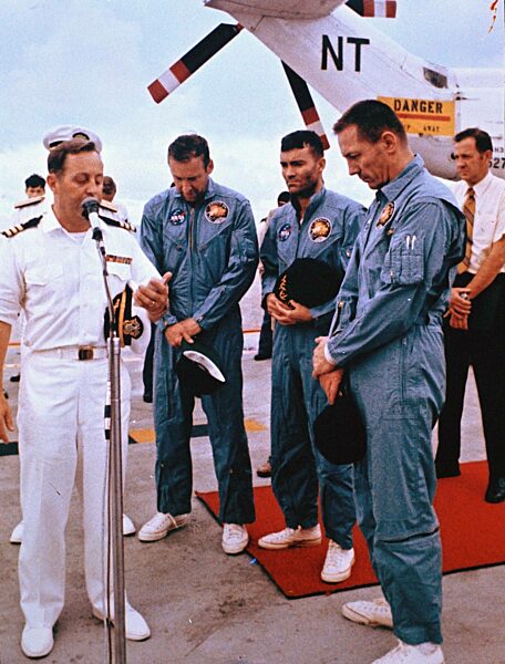 The astronauts of Apollo 13 on the salvage ship "Iwo Jima"