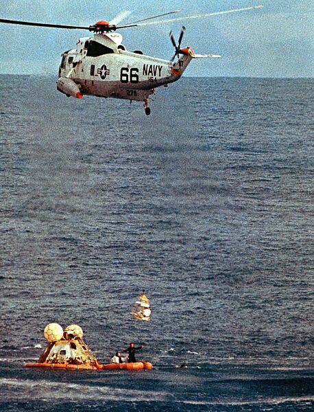 Salvage of the Command Module of Apollo 13 by a helicopter