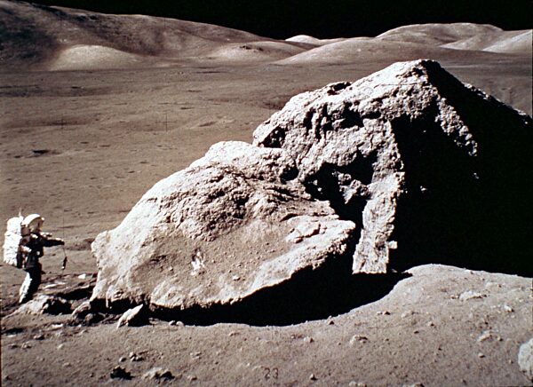 Astronaut Harrison Schmitt walking on the Moon