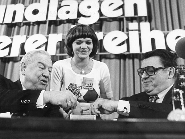 Alfons Goppel and Franz Josef Strauss at a CSU party congress, 1977