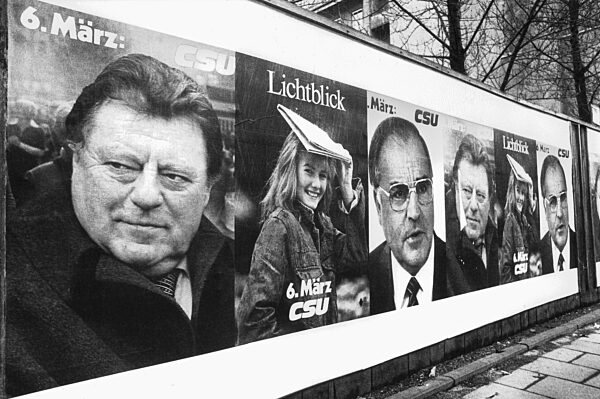 Election campaign posters of the CSU in Munich with ostrich and cabbage, 1983