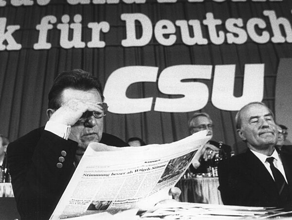 Franz Josef Strauss and Alfred Dregger at a CDU party conference in Munich, 1987