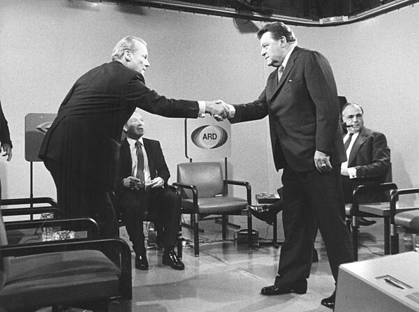 Willy Brandt, Franz Josef Strauss and Helmut Kohl after the federal election in 1980