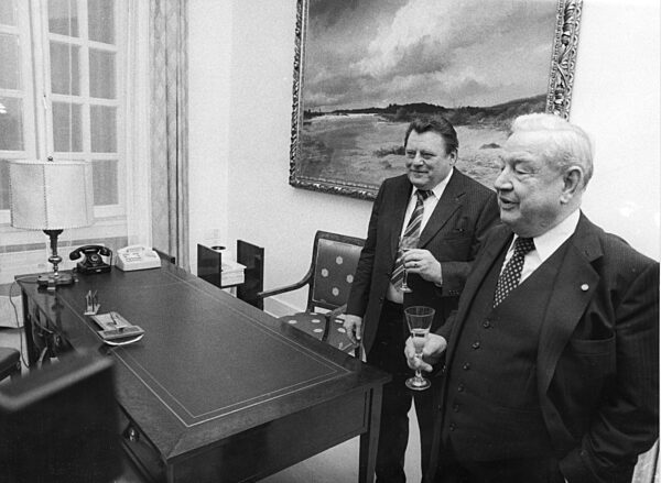 Franz Josef Strauss and Alfons Goppel at handing over of office in Munich, 1978