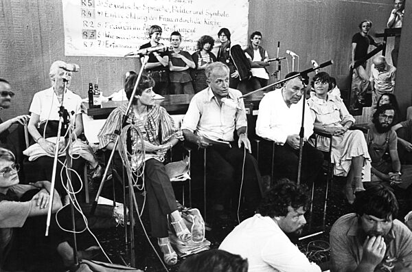 Ernst Kaesemann and Petra Kelly at the 87th German Katholikentag in Duesseldorf, 1982