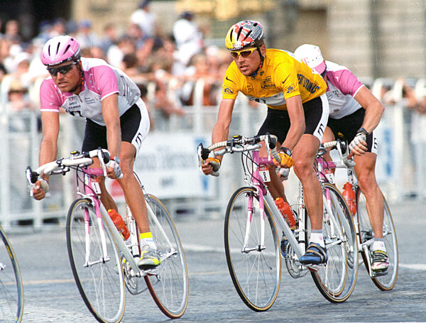 Tour de France 1997. Jan Ullrich in the yellow jersey and Bjarne Riis (left) on 27.07.1997 in Paris.