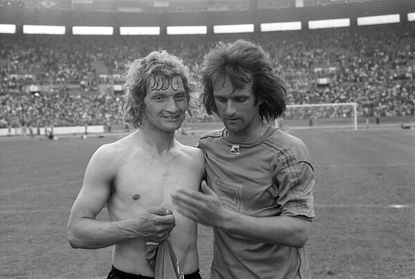 Soccer World Cup 1974 / Final round Group B / FRG - Yugoslavia 2:0 / 26.06.1974 in Duesseldorf / Dieter Herzog (left) and Wolfgang Overath (both Deut.) after the game.