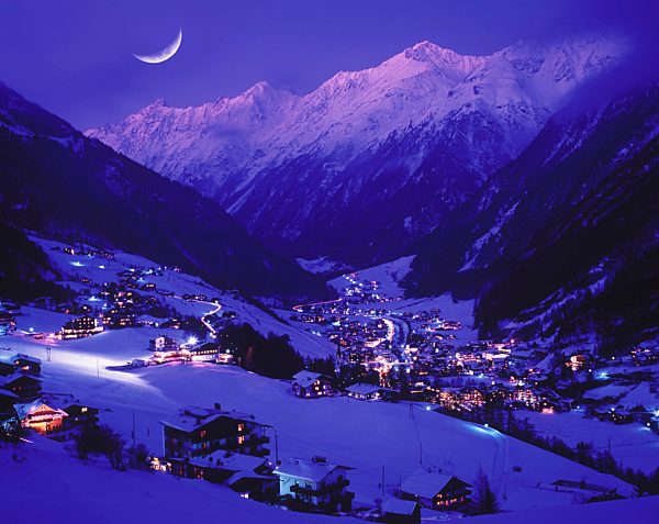 Austria, Europe, Tyrol, Ötztal, Sölden, winter evening, moon, winter, evening, evening mood, tourism, travel, Stubai alps, afterglows, snow, cold, lights