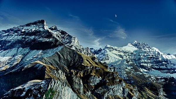 Aabeberg, Alps, mountainscape, mountain scenery, mountain landscape, Bernese Alps, Bernese Oberland, autumn, fall, Hundshorn, canton Bern, Kiental, landscape, nature, Switzerland, Wild Andrist, evening mood, moon, high mountains, sky, blue sky, evening sky