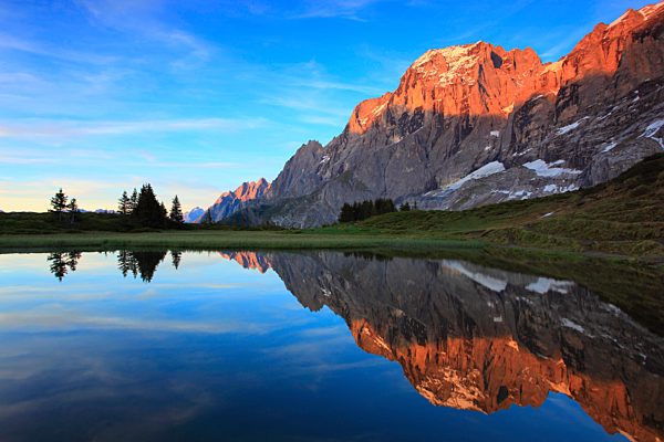 Evening, Alp, Alps, afterglows, view, mountain, mountains, mountain spring, mountain massif, mountain lake, Bern, Bernese Oberland, Engelhörner, rock face, spring, mountains, summit, peak, granite, Grosse Scheidegg, reflection, Switzerland, Swiss Alps, Sw
