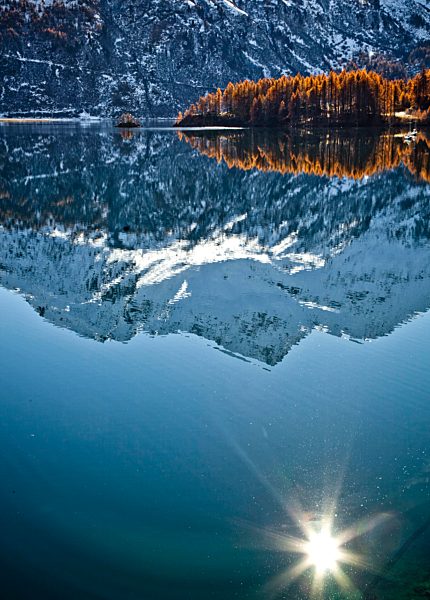 Switzerland, Europe, Engadin, Engadine, Graubünden, Grisons, autumn, mountains, Alps, alpine, snow, larch, tree, blue sky, sun, sky, scenery, alpine scenery, island, isle, reflection
