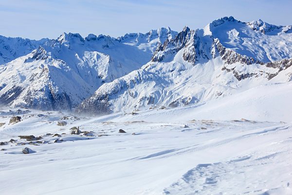 Alps, Alpine, panorama, Andermatt, view, mountain, mountains, mountain panorama, Dammastock, mountains, summit, peak, Gütsch, cold, panorama, Rohrspitzli, snow, Switzerland, Europe, Swiss Alps, Uri, winter, central Switzerland, Europe, alpine, blue sky, c