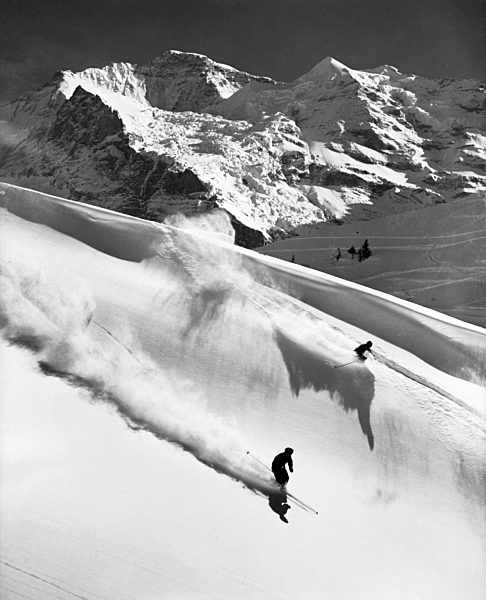 Switzerland, Europe, canton Bern, Bernese Oberland, skier, powder snow, Jungfrau, black and white, winter, ski, snow, tourism, historical