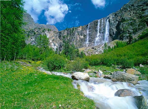 Austria, Europe, Tyrol, Kaunertal, Fendels, waterfall, water, mountain brook, Anton Renk Hütte, Anton Renk, falls, cliff wall, oetztal, Alps, sky, nature, blurred, flowing, panorama, rest, silence, calmness, traveling, alp flowers, meadow, trees, clouds