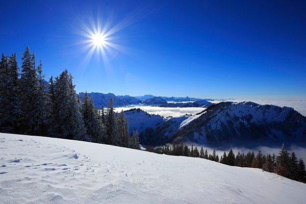Alps, Appenzell, view, Kronberg, mountain, mountain panorama, mountains, mist, haze, sky, Kronberg, massif, Mattstock, fog, sea of fog, panorama, snow, Switzerland, Europe, Swiss Alps, Speer, Stockberg, winter, alpine, blue, Swiss, sunny, snow-covered, sno