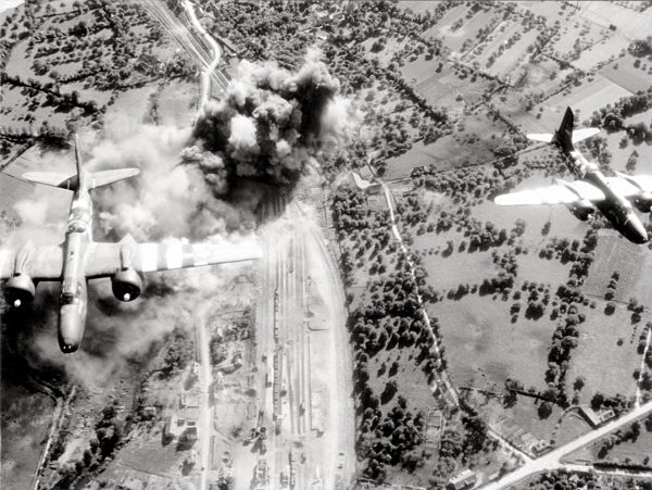 WW II, historical, war, world war, second world war, operation Overlord, Overlord, invasion, Two, 2-engined, US, bombers, railroad, lines, June, 1944, bomber, Douglas, A-20G Havoc, bombardment, bombing, supplies, Domfront, Normandy, France, Europe, allies,