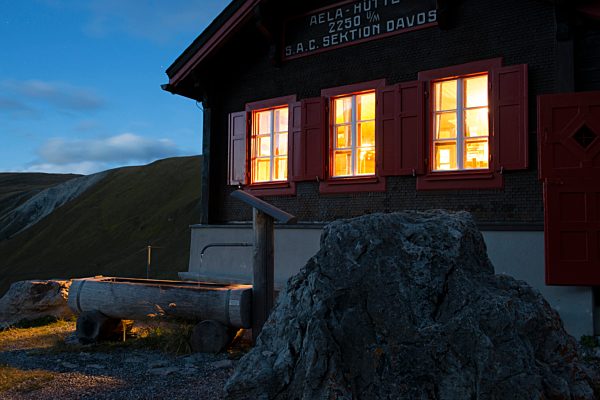 Evening, Alps, wells, Ela, mountains, Graubünden, Grisons, hut, light, SAC, Switzerland, Europe, night, mountain hut