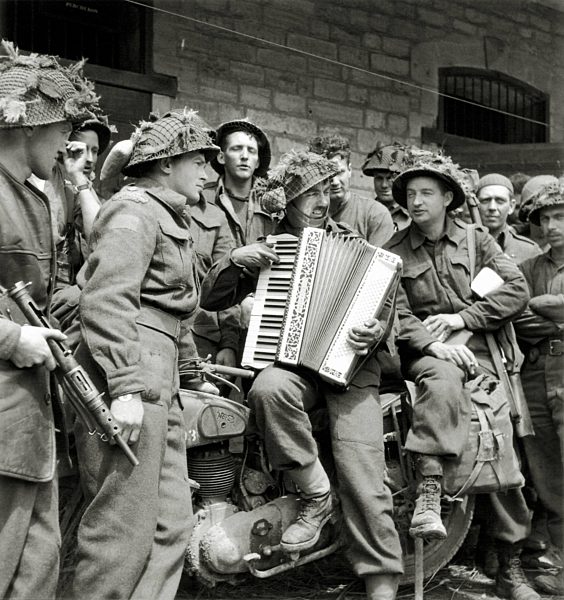 WW II, historical, war, world war, second world war, group, Canadian, soldier, Highland Light Infantry, accordion, play, June, 1944, motorcycle, motorbike, Normandy, France, Europe, allies, Allied Forces, D-Day