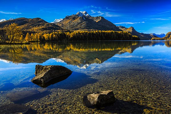 Alps, Alpine, panorama, mountain, mountains, massif, mountain lake, mountains, summit, peak, Graubünden, Grisons, autumn, colors, wood, larch, larches, Oberengadin, Engadine, panorama, Piz da la Margna, reflection, Switzerland, Europe, Swiss, lake, lake S