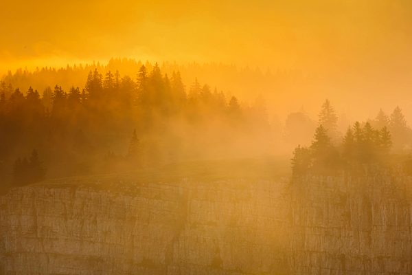 Alps, rocky cirque, cirque, view, mountains, mountain massif, trees, Creux du van, cliff, dusk, twilight, rock, cliff, rock kettle, cliff kettle, cliff massif, cliff wall, mountains, back light, autumn, sky, Jura, light, morning, daybreak, natural monument