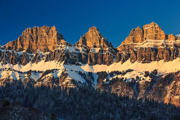 Alps, view, tree, mountain, mountain panorama, mountains, massif, Brisi, trees, Churfirsten, rock, cliff, spruce, spruces, mountains, Heidiland, sky, panorama, Schibenstoll, snow, Switzerland, Europe, Swiss mountains, Swiss Alps, sundown, sunset, canton St