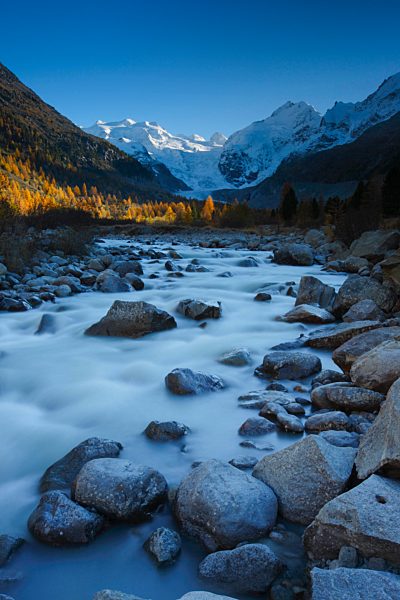 Alps, Alpine, panorama, view, mountain, mountains, massif, Biancograt, ice, cliff, river, flow, mountains, summit, peak, glacier, Graubünden, Grisons, autumn, colors, larch, larches, Morteratsch, Oberengadin, Engadine, panorama, Piz Bernina, Piz Palü, sn