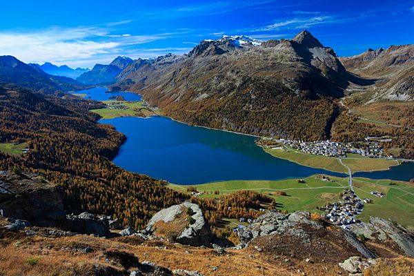 Alps, Alpine, panorama, mountain, mountains, massif, mountain lake, mountains, summit, peak, Graubünden, Grisons, autumn, colors, wood, larch, larches, Oberengadin, Engadine, panorama, Piz da la Margna, plateau, Switzerland, Europe, Swiss, lake, lakes, pl