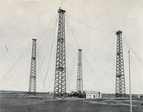 Poldhu Towers, Cornwall, England, Marconi station for sending radio signals between Newfoundland and England, 1901.