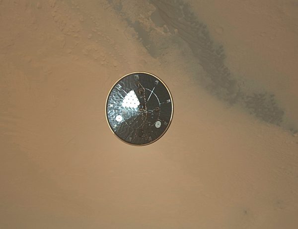 This color full-resolution image showing the heat shield of NASA's Curiosity rover was obtained during descent to the surface of Mars.