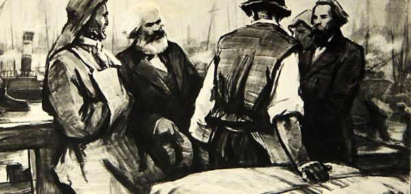 Friedrich Ebert and Karl Marx talk to dock workers