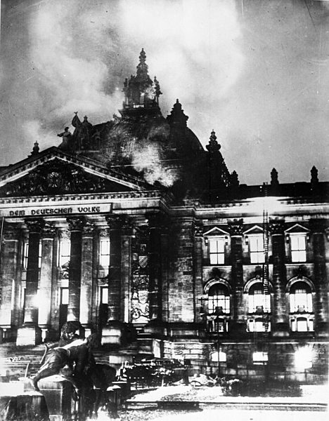 Photograph of The Reichstag building on Fire